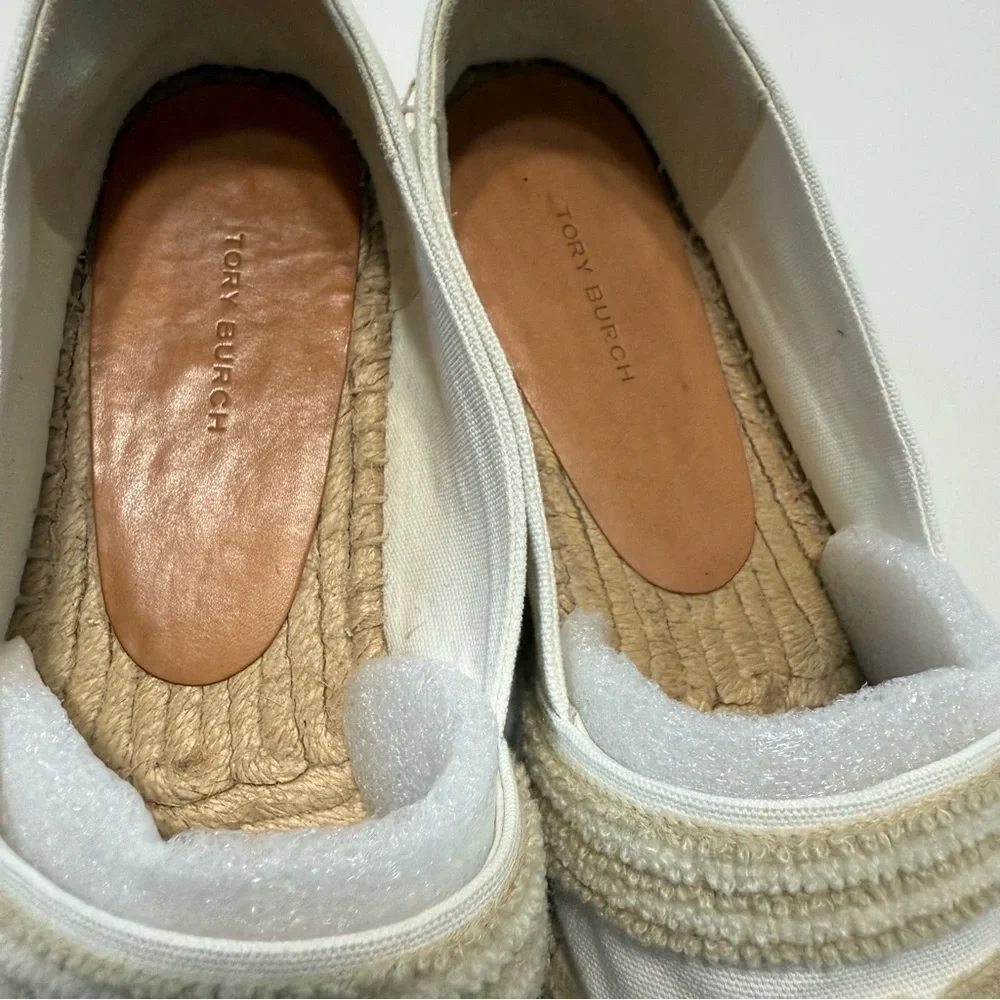 Tory Burch Ines Double T Canvas Espadrilles White Coastal Tan Flat Sz 10 Summer